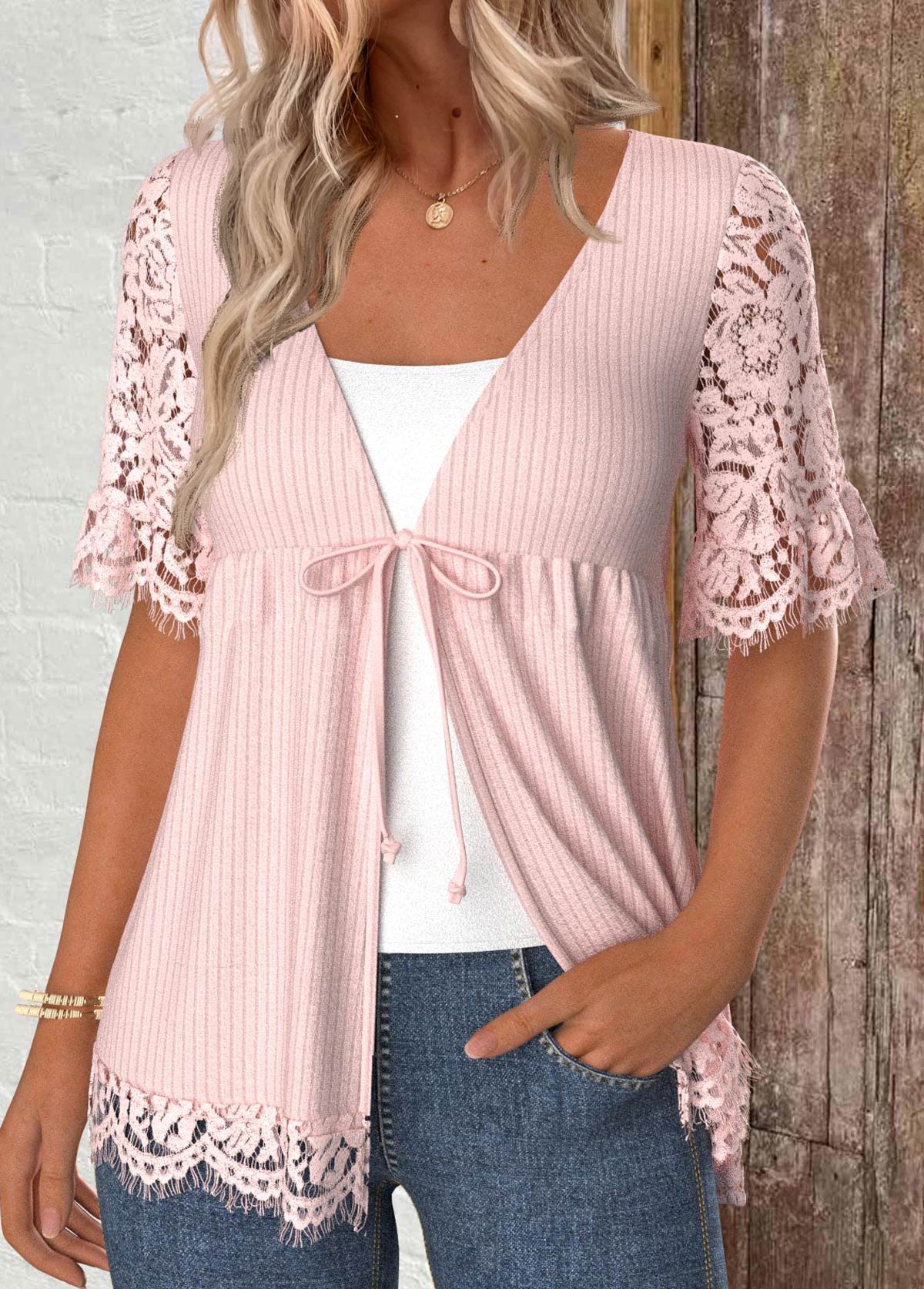 Lace Short Sleeve Bowknot Light Cardigan | picture 