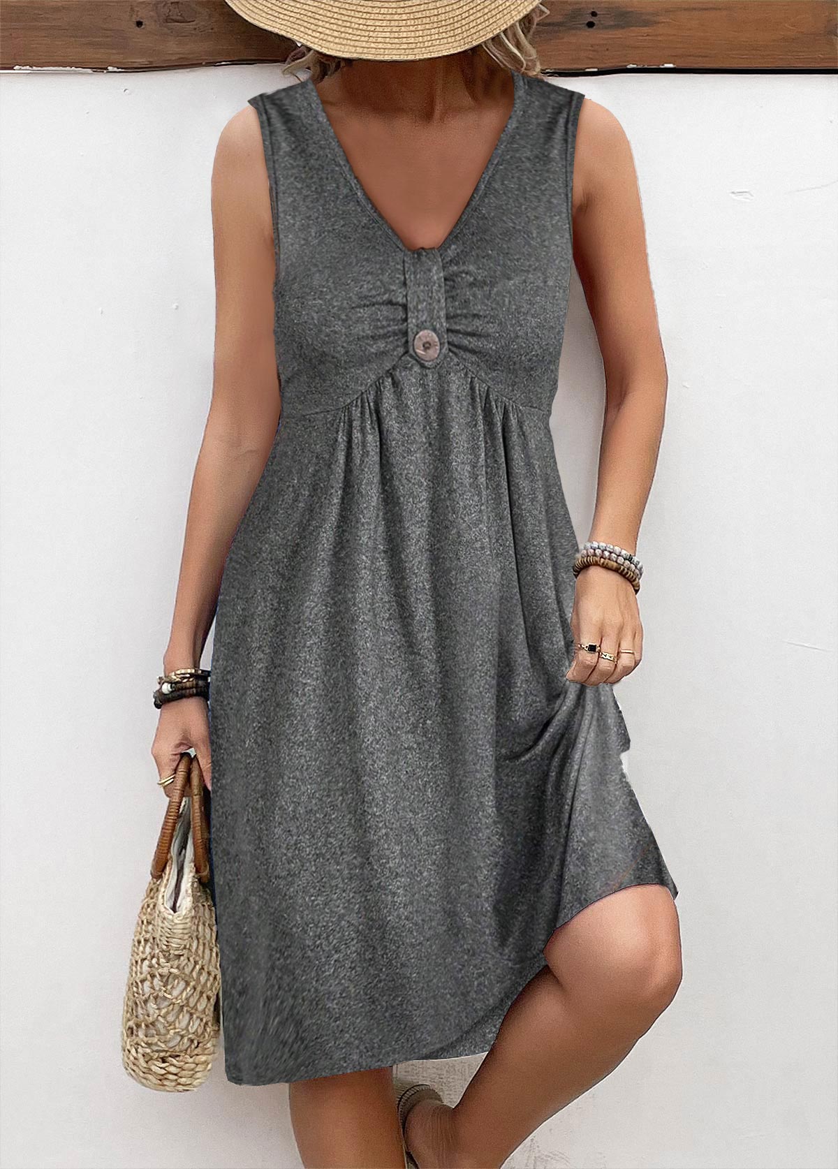 Dark Grey Marl Button A Line Sleeveless Dress | picture 
