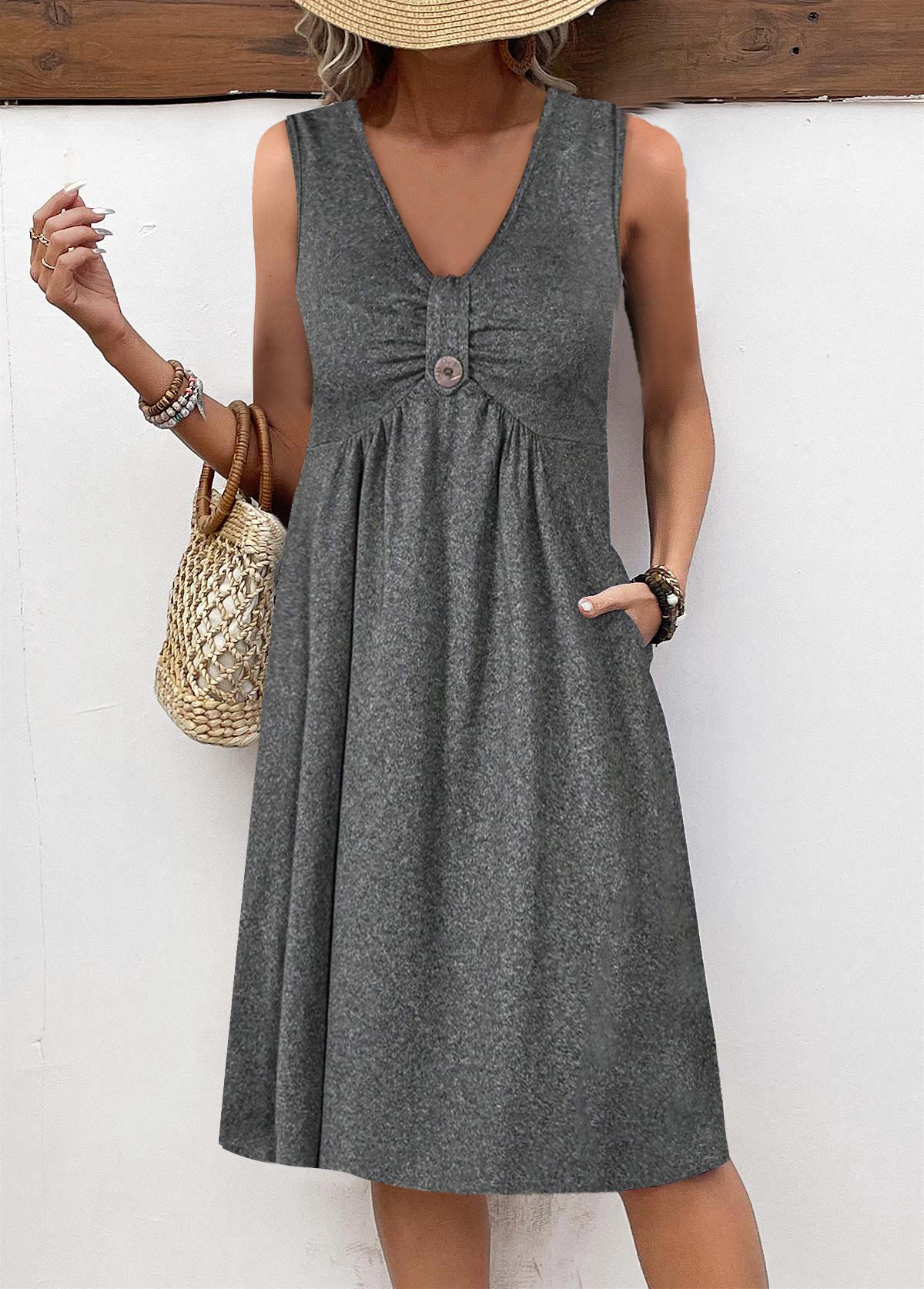 Dark Grey Marl Button A Line Sleeveless Dress | picture 