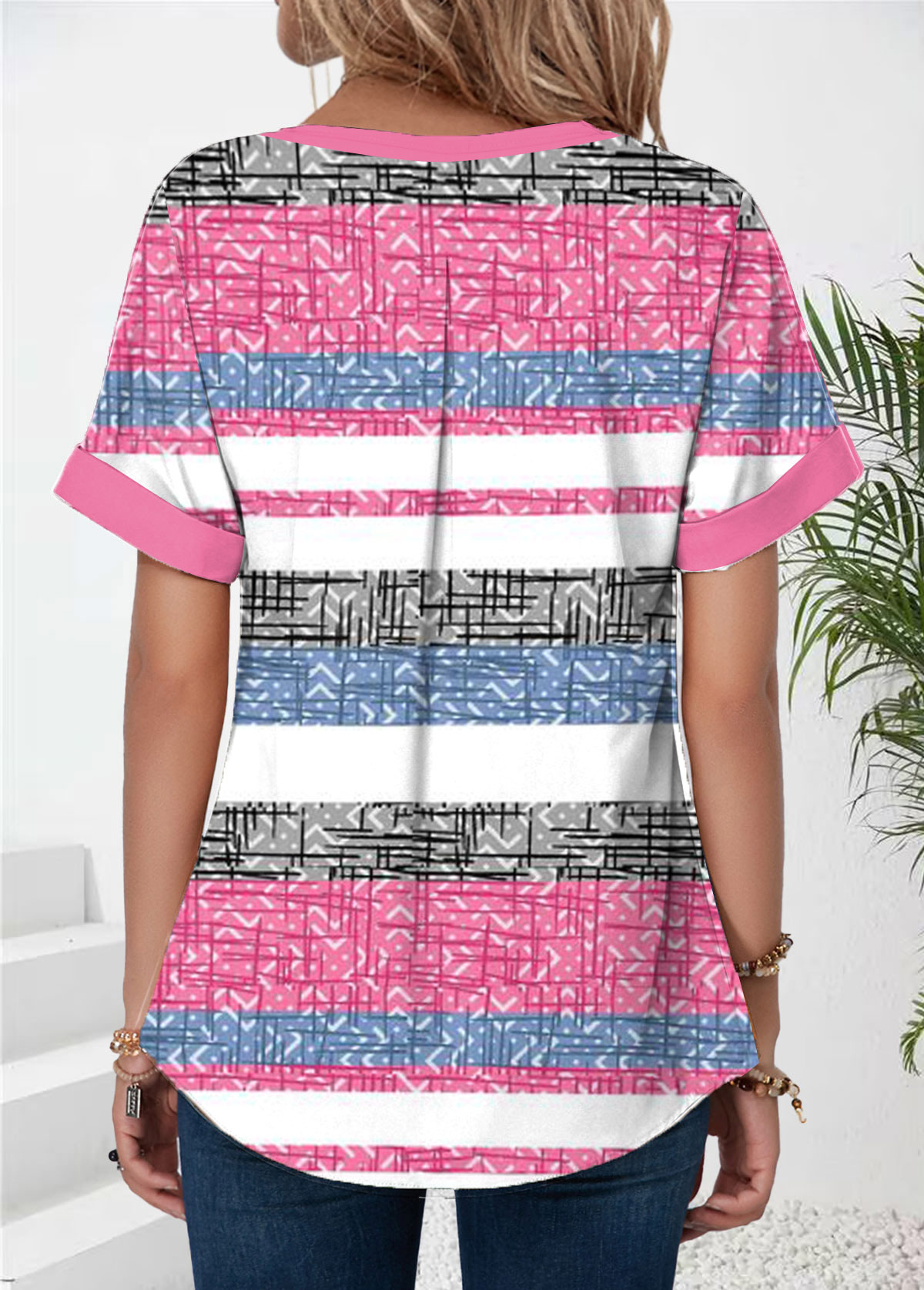 Pink Patchwork Striped Short Sleeve Split Neck T Shirt | picture 