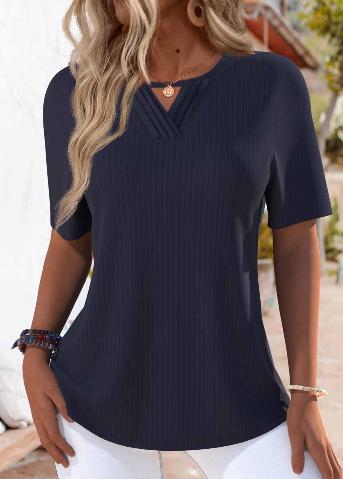 Navy Tuck Stitch Short Sleeve Round Neck T Shirt | picture 