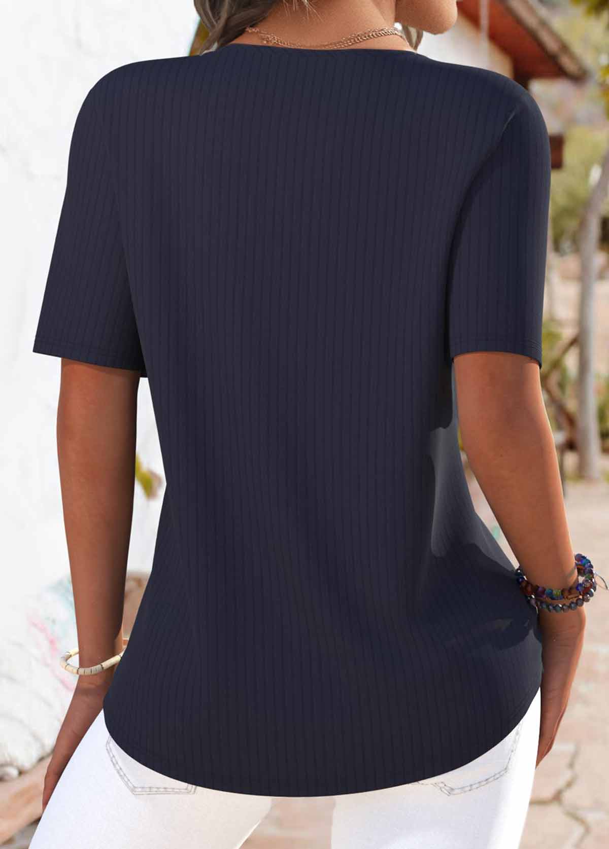 Navy Tuck Stitch Short Sleeve Round Neck T Shirt | picture 