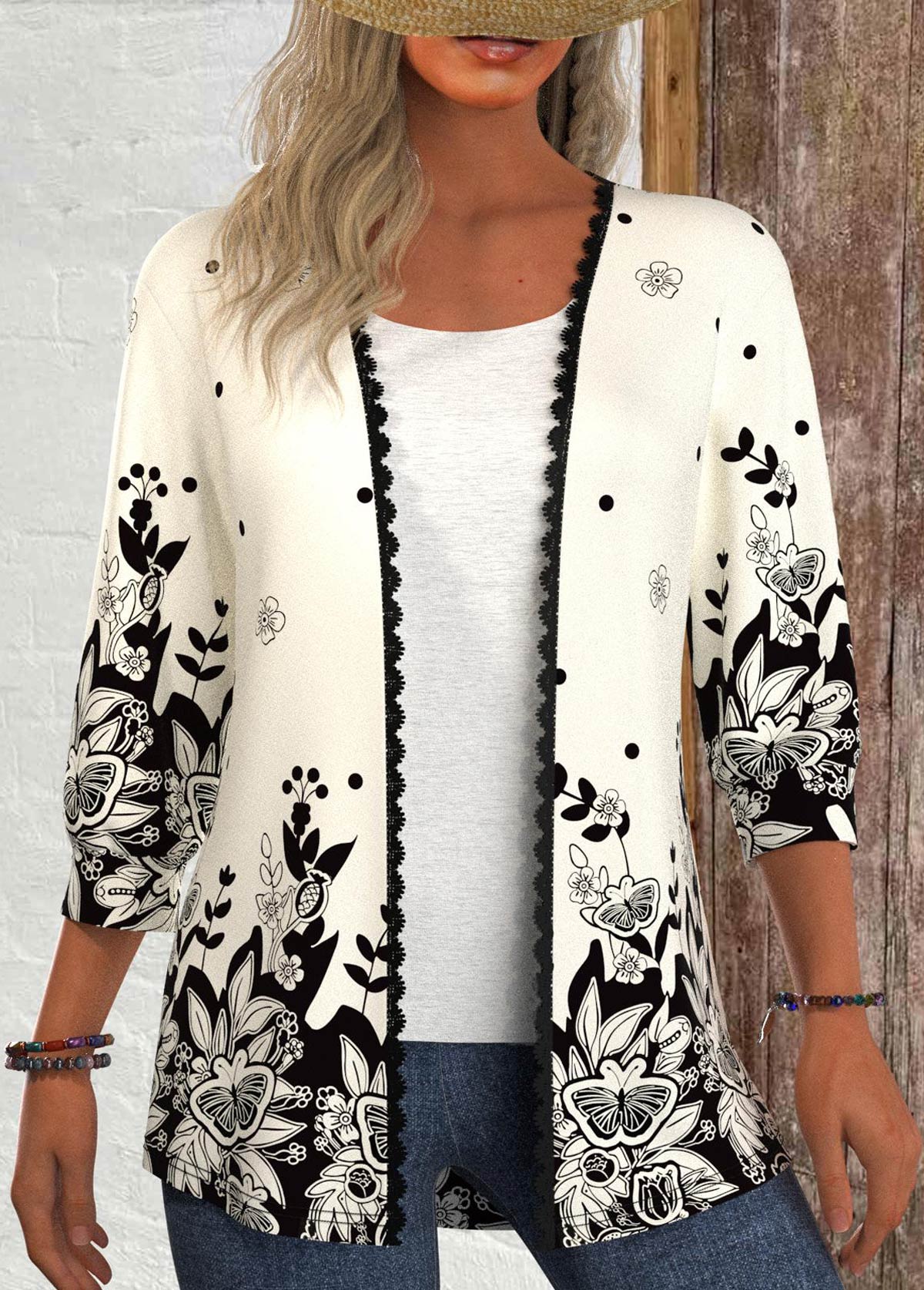 Black Patchwork Floral Print 3/4 Sleeve Light Cardigan | picture 