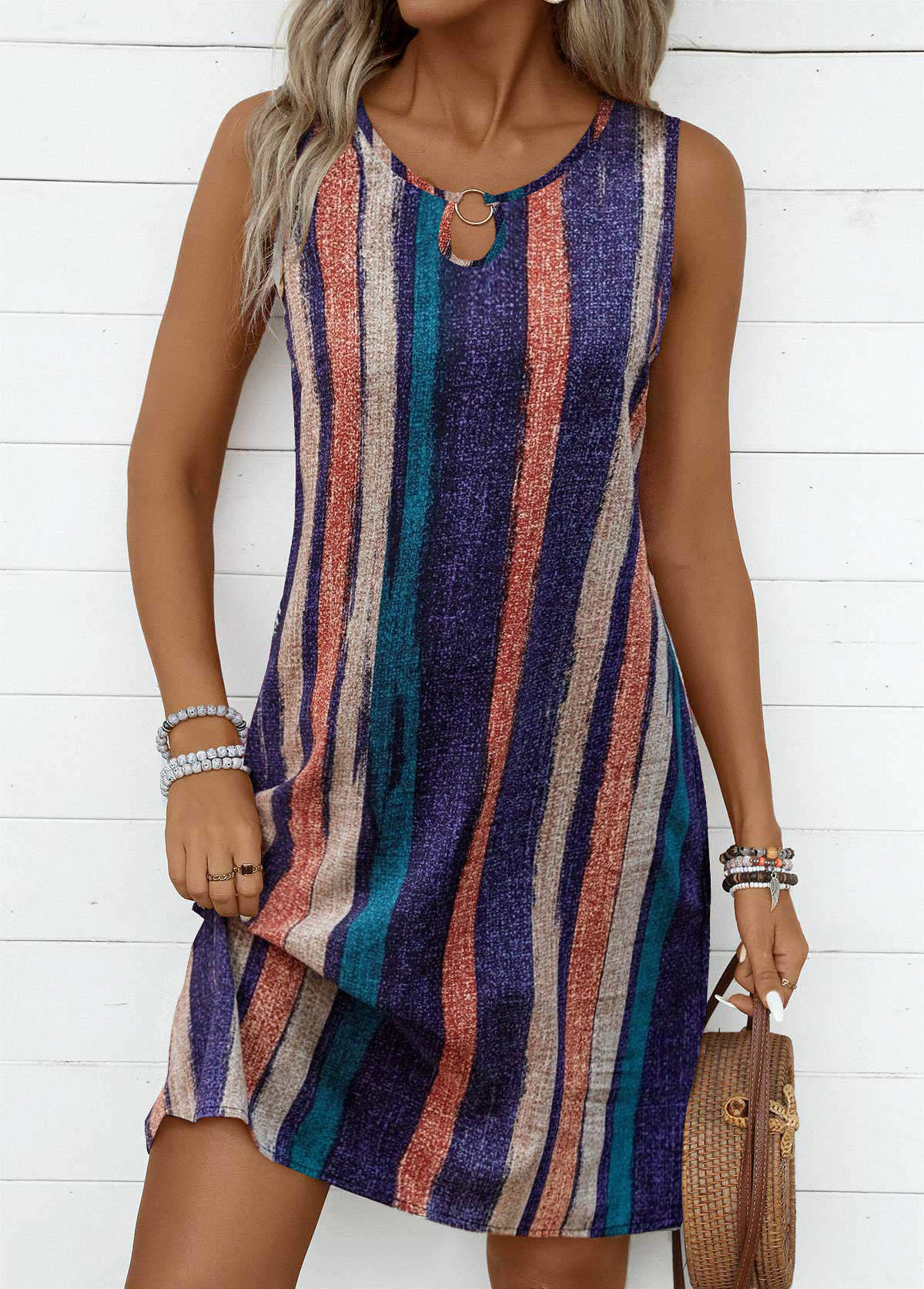 Multi Color Breathable Striped A Line Sleeveless Dress | picture 