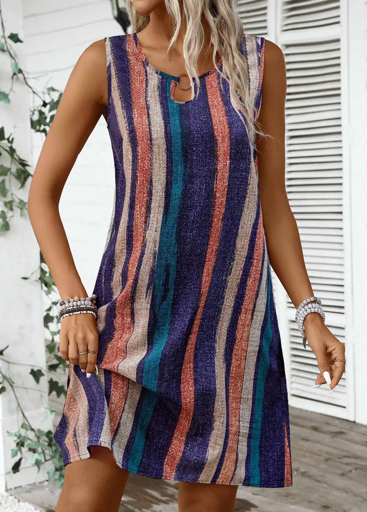 Multi Color Breathable Striped A Line Sleeveless Dress | picture 