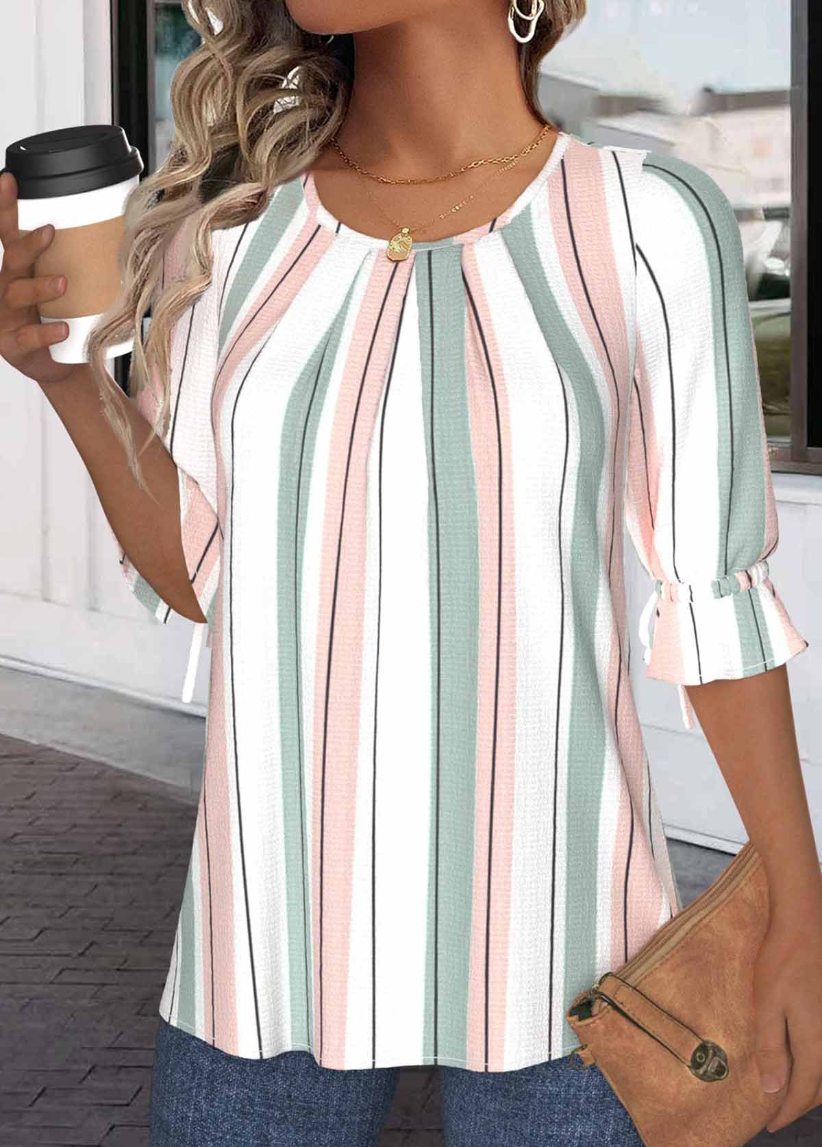 White Button Plus Size Striped Half Sleeve Blouse | picture 