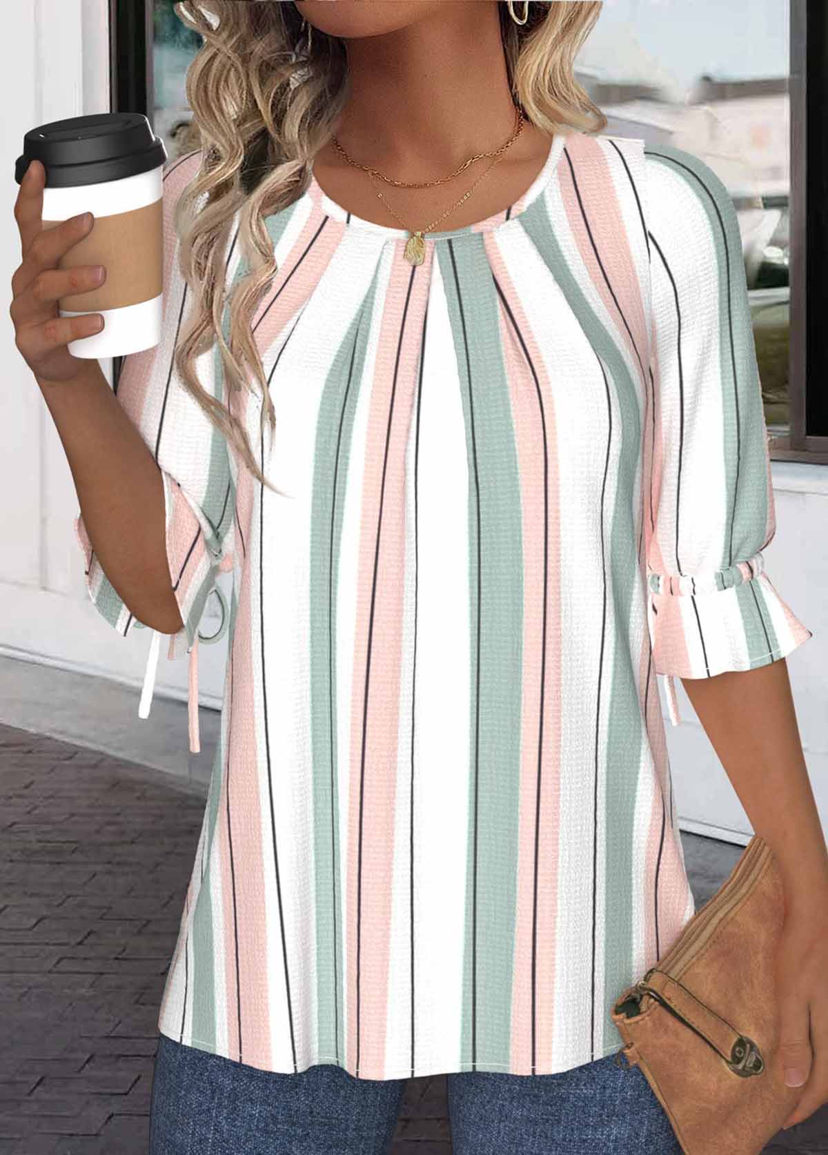 White Button Plus Size Striped Half Sleeve Blouse | picture 