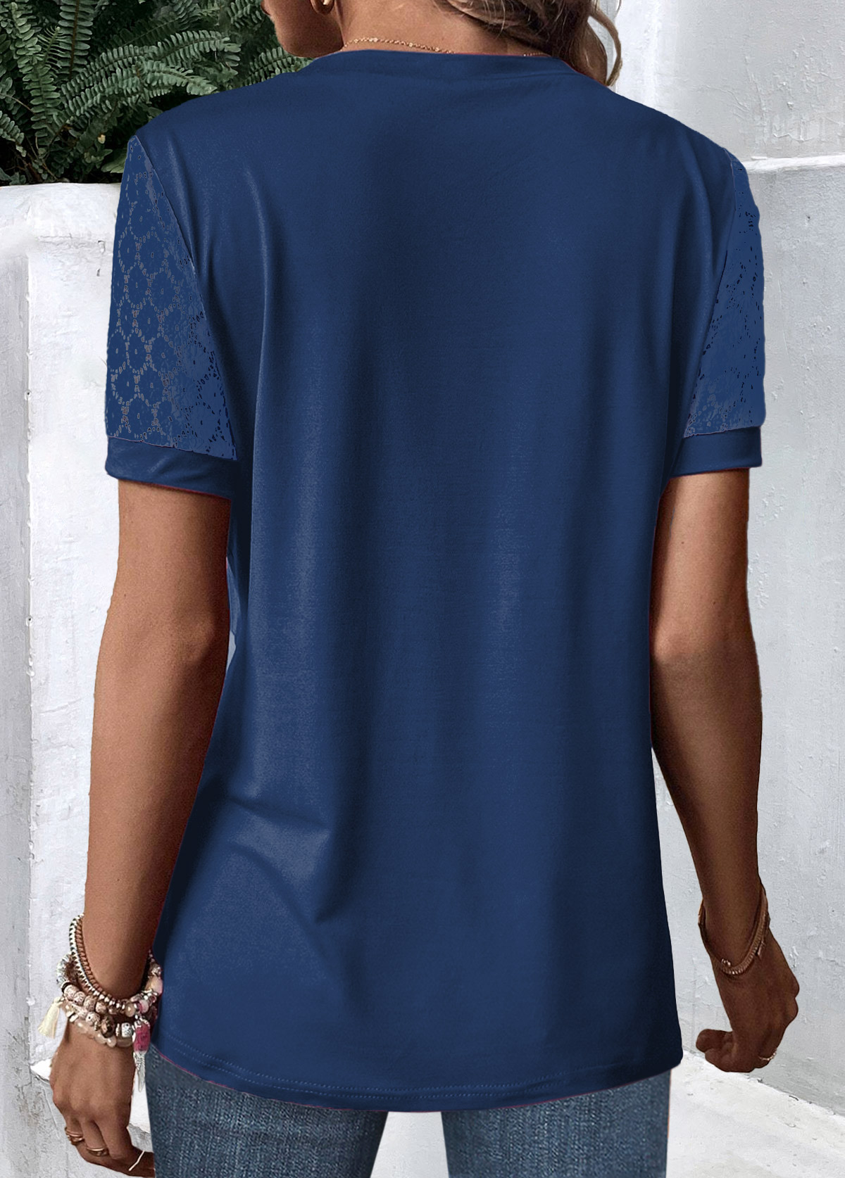 Peacock Blue Lace Striped Short Sleeve T Shirt | picture 