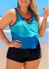 Blue Plus Size Layered Hem Cross Strap Tankini Set | thumb picture 