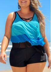 Blue Plus Size Layered Hem Cross Strap Tankini Set | thumb picture 