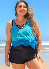 Blue Plus Size Layered Hem Cross Strap Tankini Set | thumb picture 