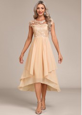 Champagne Lace High Low Short Sleeve Dress