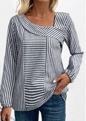 Navy Asymmetry Striped Long Sleeve Asymmetrical Neck Blouse | thumb picture 