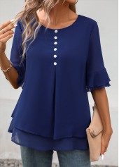 Navy Layered Short Sleeve Round Neck Blouse