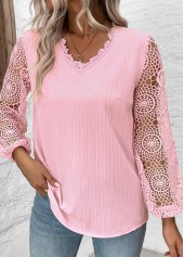 Light Pink Embroidery Long Sleeve V Neck Blouse | thumb picture 
