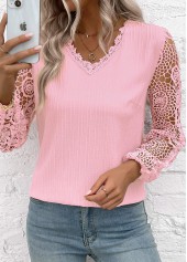 Light Pink Embroidery Long Sleeve V Neck Blouse | thumb picture 