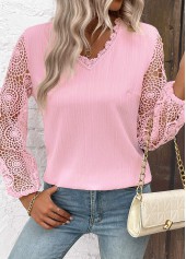 Light Pink Embroidery Long Sleeve V Neck Blouse | thumb picture 