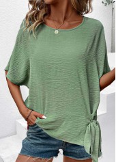 Green Bowknot Half Sleeve Round Neck Blouse