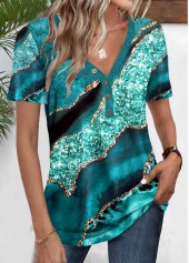 Turquoise Button Marble Print Short Sleeve T Shirt