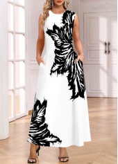 White Pocket Leaf Print Sleeveless Round Neck Maxi Dress