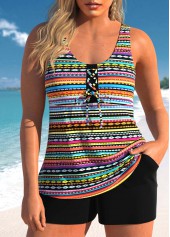 Lace Up Tribal Print Multi Color Tankini Set
