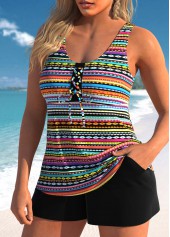 Lace Up Tribal Print Multi Color Tankini Set | thumb picture 