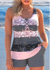 Lace Up Multi Stripe Print Grey Tankini Set
