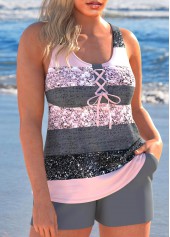 Lace Up Multi Stripe Print Grey Tankini Set | thumb picture 