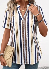 Yellow Lightweight Striped Short Sleeve Split Neck Blouse | thumb picture 