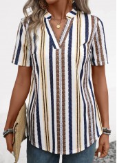 Yellow Lightweight Striped Short Sleeve Split Neck Blouse | thumb picture 