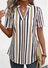 Yellow Lightweight Striped Short Sleeve Split Neck Blouse