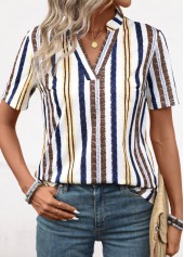Yellow Lightweight Striped Short Sleeve Split Neck Blouse | thumb picture 