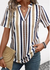 Yellow Lightweight Striped Short Sleeve Split Neck Blouse | thumb picture 
