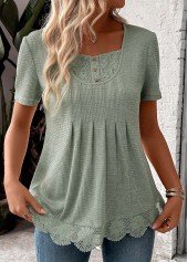 Sage Green Lace Short Sleeve Square Neck T Shirt
