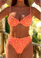 Smocked Ditsy Floral Print Coral Bikini Set