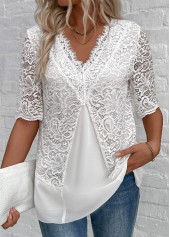 White Patchwork Half Sleeve V Neck Blouse | thumb picture 
