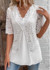 White Patchwork Half Sleeve V Neck Blouse