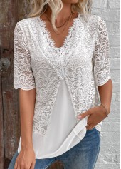 White Patchwork Half Sleeve V Neck Blouse | thumb picture 