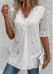 White Patchwork Half Sleeve V Neck Blouse | thumb picture 