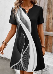 White Button Geometric Print Short Sleeve Split Neck Dress | thumb picture 