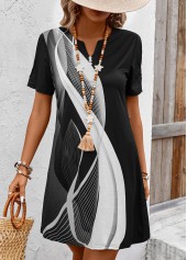 White Button Geometric Print Short Sleeve Split Neck Dress | thumb picture 