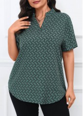 Turquoise Split Geometric Print Short Sleeve Blouse