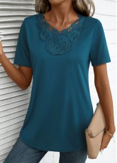 Peacock Blue Embroidery Short Sleeve V Neck T Shirt | thumb picture 
