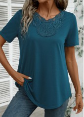 Peacock Blue Embroidery Short Sleeve V Neck T Shirt | thumb picture 