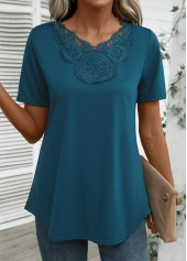 Peacock Blue Embroidery Short Sleeve V Neck T Shirt