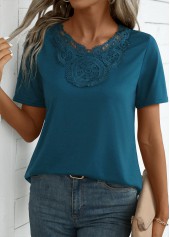Peacock Blue Embroidery Short Sleeve V Neck T Shirt | thumb picture 