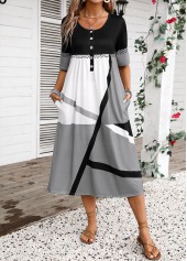 Dark Grey Button Geometric Print Half Sleeve Dress