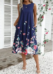 Navy Breathable Floral Print A Line Sleeveless Dress | thumb picture 