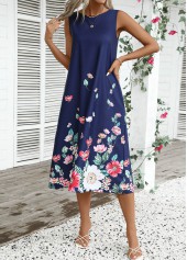 Navy Breathable Floral Print A Line Sleeveless Dress | thumb picture 