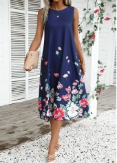 Navy Breathable Floral Print A Line Sleeveless Dress | thumb picture 